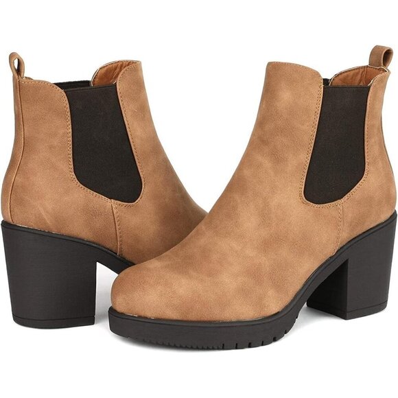 DREAM PAIRS Women's High Chunky Heel Camel Faux Leather Ankle Boots - Picture 3 of 8